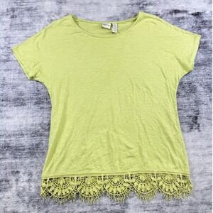 Zenergy by Chicos Lime Green Slub Knit Crochet Lace‎ Trim Top Size 1 Medium